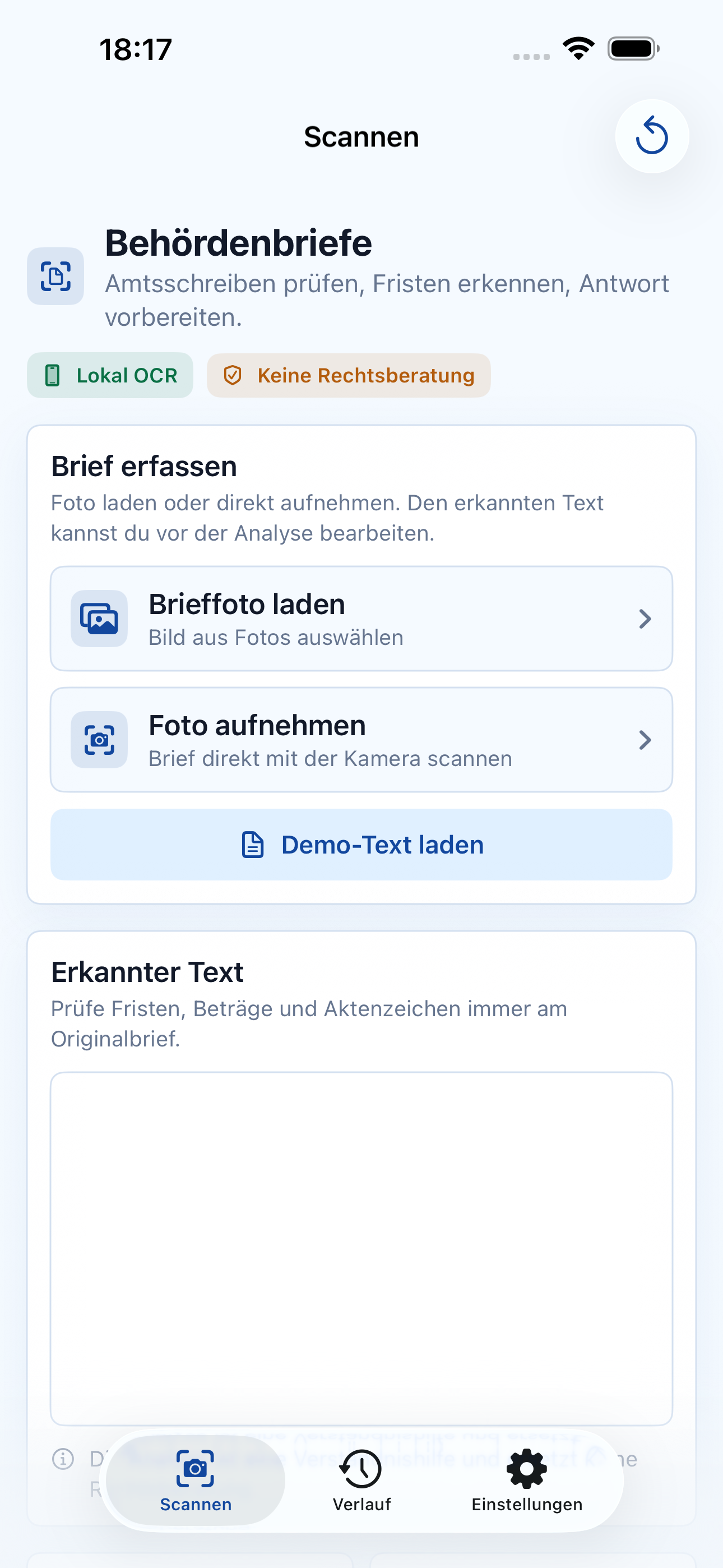 Startansicht der Behördenbriefe App