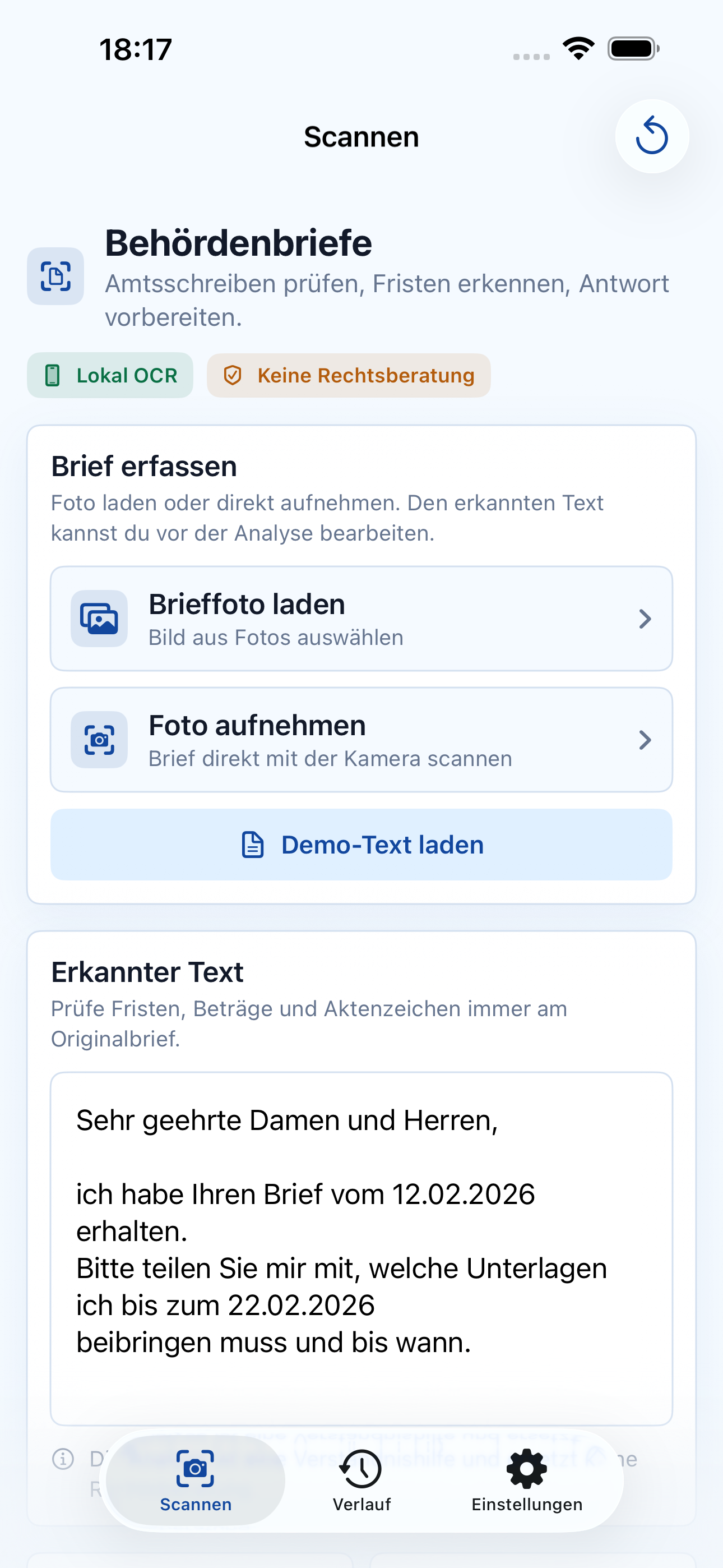 Behördenbriefe App mit erkanntem Brieftext