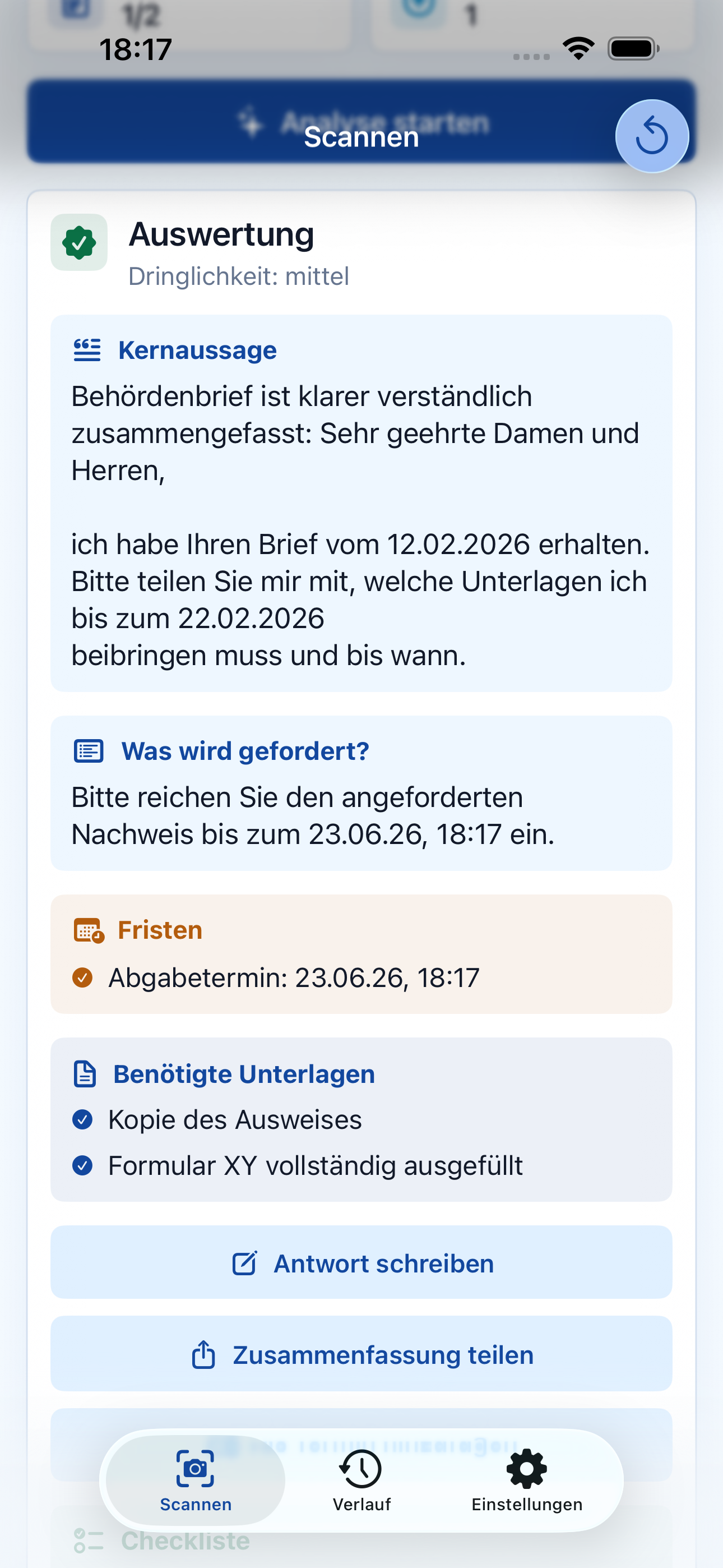 Analyseansicht mit Ergebnis oder Ladezustand