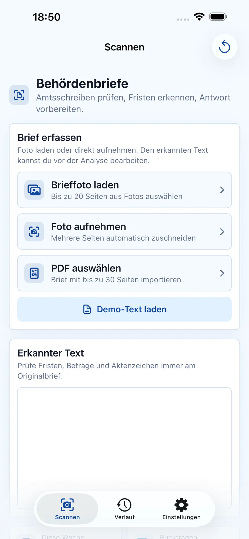 Startansicht der Behördenbriefe App