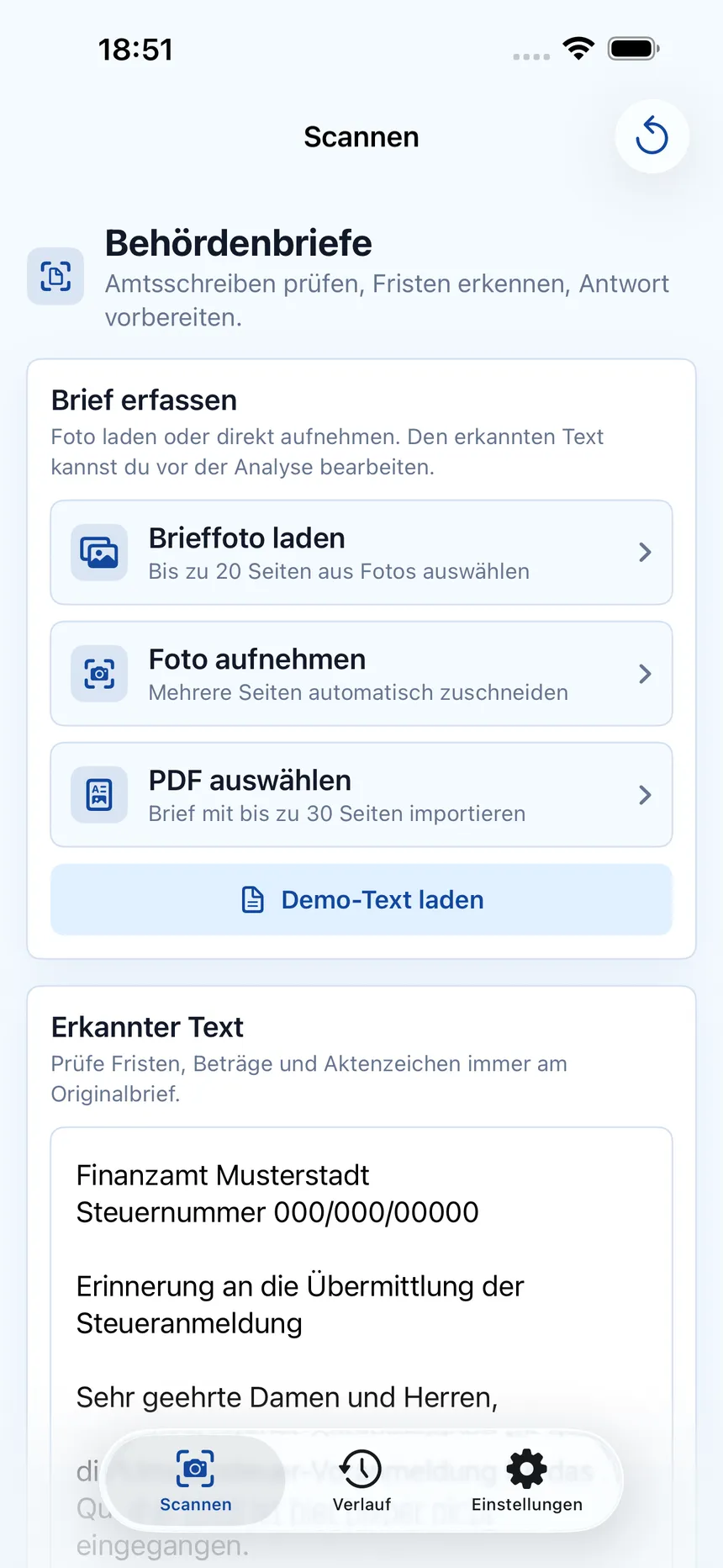 Behördenbriefe App mit erkanntem Brieftext