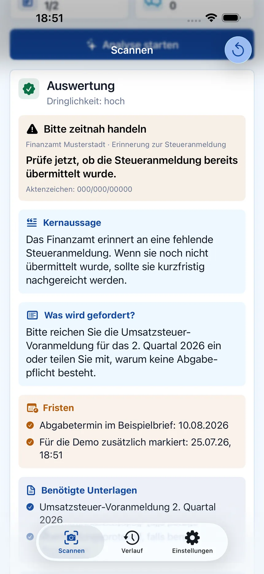 Analyseansicht mit Ergebnis oder Ladezustand